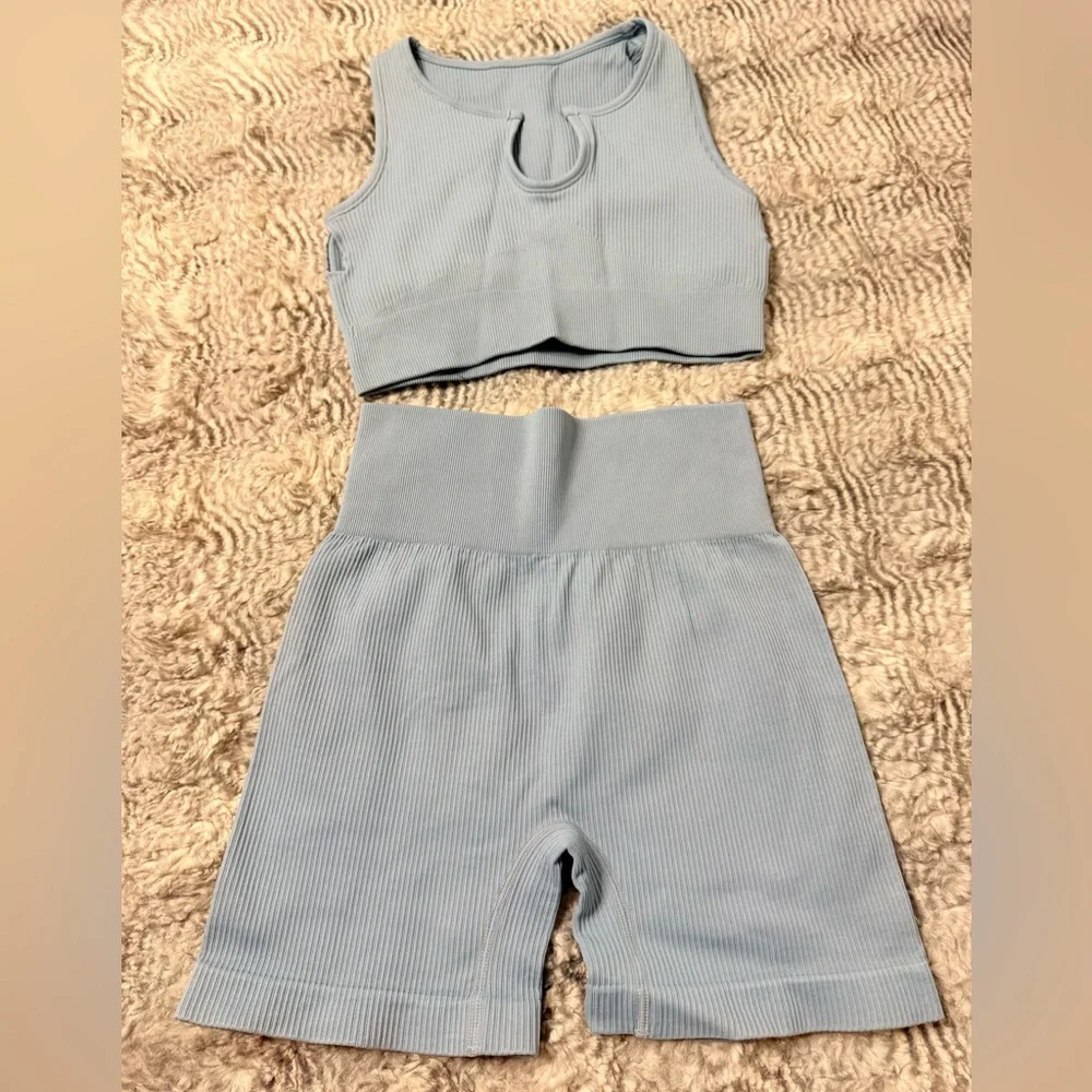 Blue Ribbed Workout Set - Picture 1 of 4